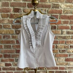 White House Black Market White Sleeveless Ruffle-Front Pinstripe Blouse